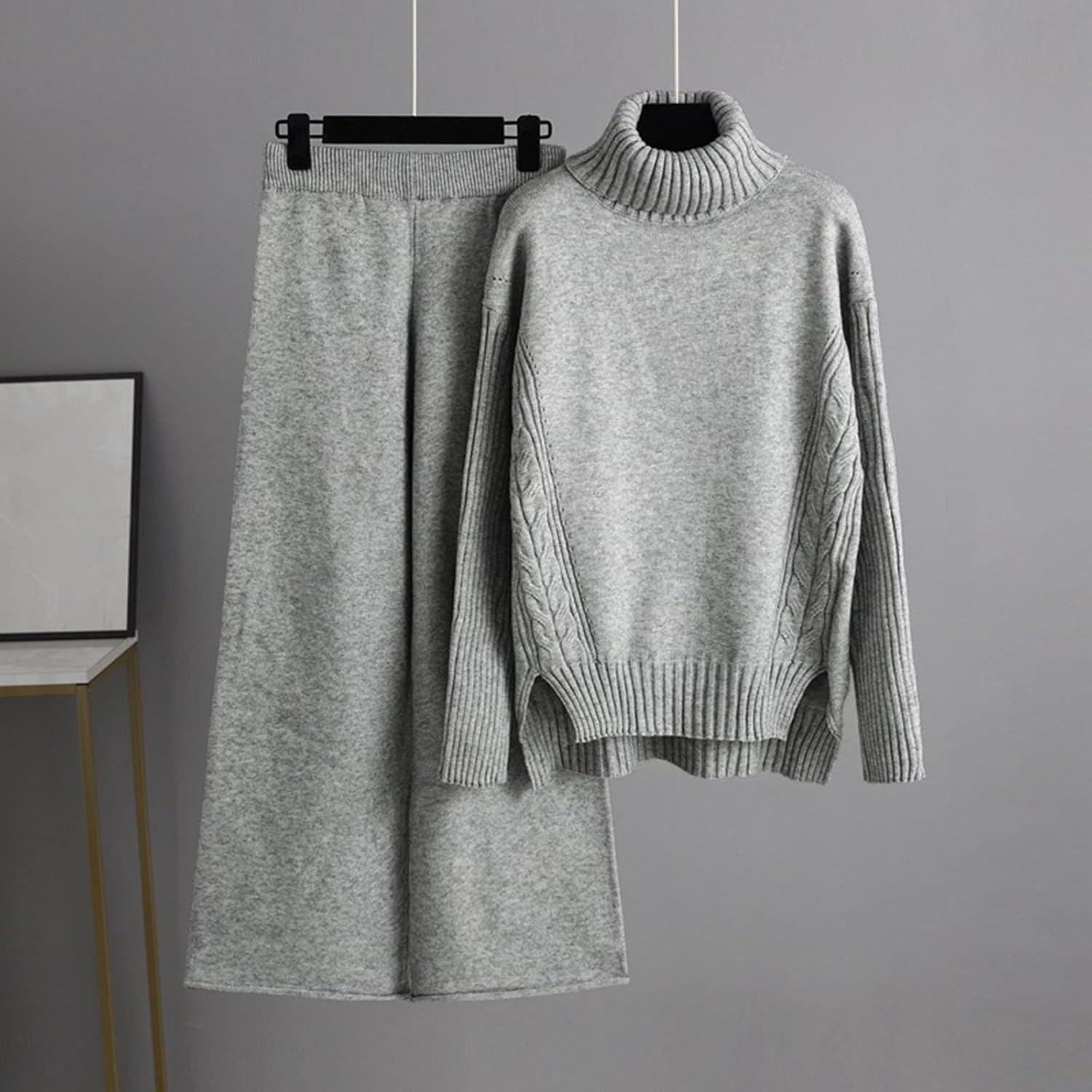 image:imageGenerisch Combinaison en tricot pour femme Pull en tricot deux pices Combinaison de loisirs Col rond Pull haut et pantalon long Ensemble chaud pour lhiver Couleur unie CombinaisonGris