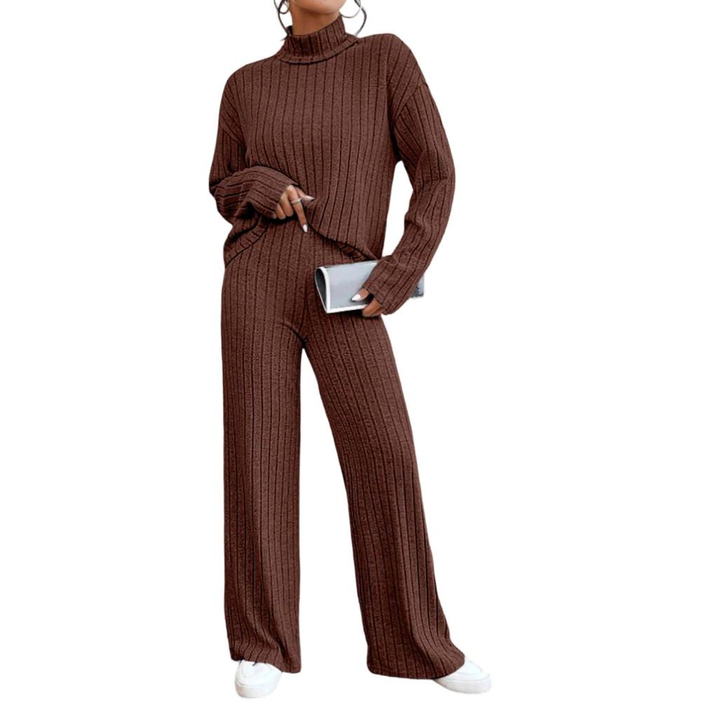 image:imageEnsemble pull thermique dhiver col haut pour femme Vtement dintrieur confortable Ensemble pull deux pices pour femme Pull en tricot manches longues et pantalon
