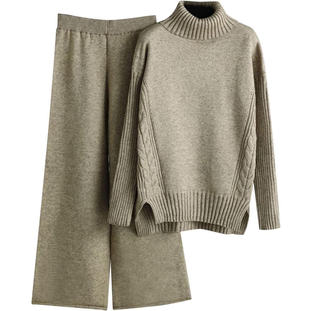 image:imageGenerisch Combinaison en tricot pour femme Pull en tricot deux pices Combinaison de loisirs Col rond Pull haut et pantalon long Ensemble chaud pour lhiver Couleur unie CombinaisonKaki