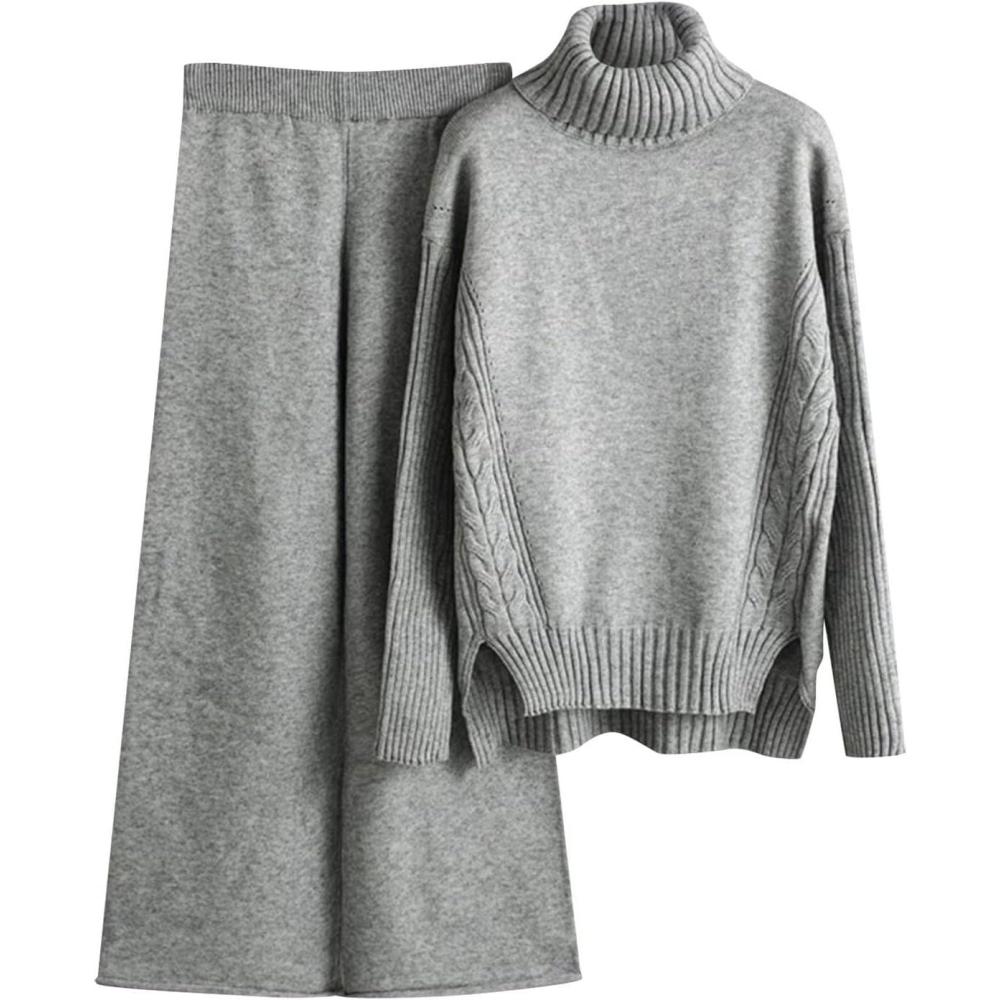 image:imageGenerisch Combinaison en tricot pour femme Pull en tricot deux pices Combinaison de loisirs Col rond Pull haut et pantalon long Ensemble chaud pour lhiver Couleur unie CombinaisonGris