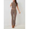 ABINGOO Femme Ensemble de 2 pièces s Crop Top et Taille Basse Pantalon Évasé Stretch Ensemble Yoga Femme Tenue de Sport Fitness(S-Marron)