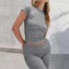 ABINGOO Femme Ensemble de 2 pièces s Crop Top et Taille Basse Pantalon Évasé Stretch Ensemble Yoga Femme Tenue de Sport Fitness(S-gris Foncé)