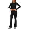ABINGOO Femme Ensemble de 2 pièces s Crop Top et Taille Basse Pantalon Évasé Stretch Ensemble Yoga Femme Tenue de Sport Fitness(Noir)