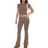 ABINGOO Femme Ensemble de 2 pièces s Crop Top et Taille Basse Pantalon Évasé Stretch Ensemble Yoga Femme Tenue de Sport Fitness(S-Marron)