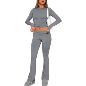 ABINGOO Femme Ensemble de 2 pièces s Crop Top et Taille Basse Pantalon Évasé Stretch Ensemble Yoga Femme Tenue de Sport Fitness(Gris Foncé)