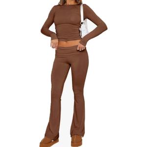 ABINGOO Femme Ensemble de 2 pièces s Crop Top et Taille Basse Pantalon Évasé Stretch Ensemble Yoga Femme Tenue de Sport Fitness(Marron)