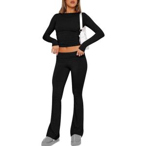 ABINGOO Femme Ensemble de 2 pièces s Crop Top et Taille Basse Pantalon Évasé Stretch Ensemble Yoga Femme Tenue de Sport Fitness(Noir)