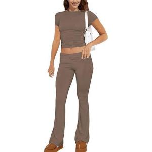 ABINGOO Femme Ensemble de 2 pièces s Crop Top et Taille Basse Pantalon Évasé Stretch Ensemble Yoga Femme Tenue de Sport Fitness(S-Marron)