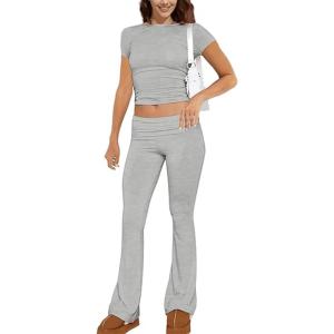 ABINGOO Femme Ensemble de 2 pièces s Crop Top et Taille Basse Pantalon Évasé Stretch Ensemble Yoga Femme Tenue de Sport Fitness(S-gris)