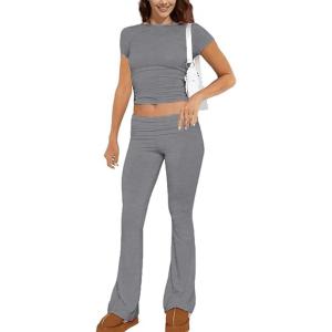 ABINGOO Femme Ensemble de 2 pièces s Crop Top et Taille Basse Pantalon Évasé Stretch Ensemble Yoga Femme Tenue de Sport Fitness(S-gris Foncé)