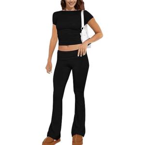 ABINGOO Femme Ensemble de 2 pièces s Crop Top et Taille Basse Pantalon Évasé Stretch Ensemble Yoga Femme Tenue de Sport Fitness(S-noir)