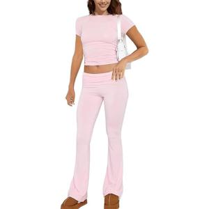 ABINGOO Femme Ensemble de 2 pièces s Crop Top et Taille Basse Pantalon Évasé Stretch Ensemble Yoga Femme Tenue de Sport Fitness(Z-rose)